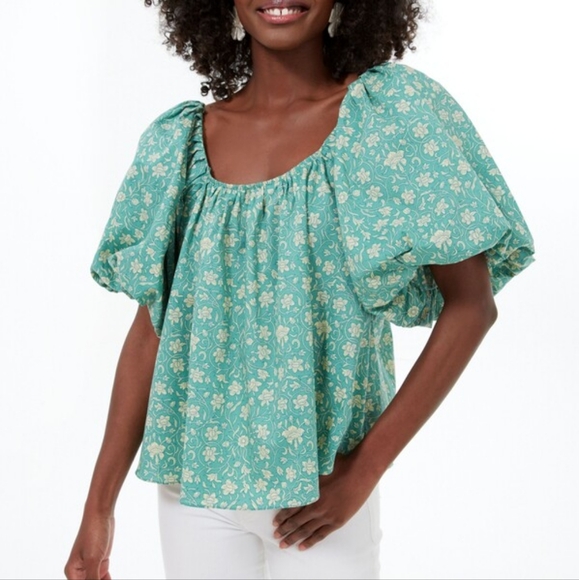 Tuckernuck Hyacinth House Green Cotton Floral Emmy Blouse Sz XL NWT